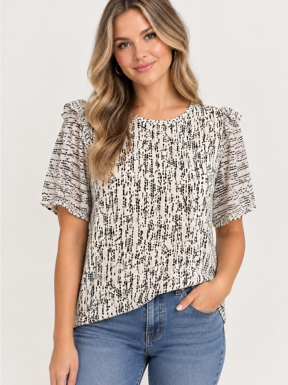 Simply Vera Vera Wang Cream & Black Speckled Short-Sleeve Blouse